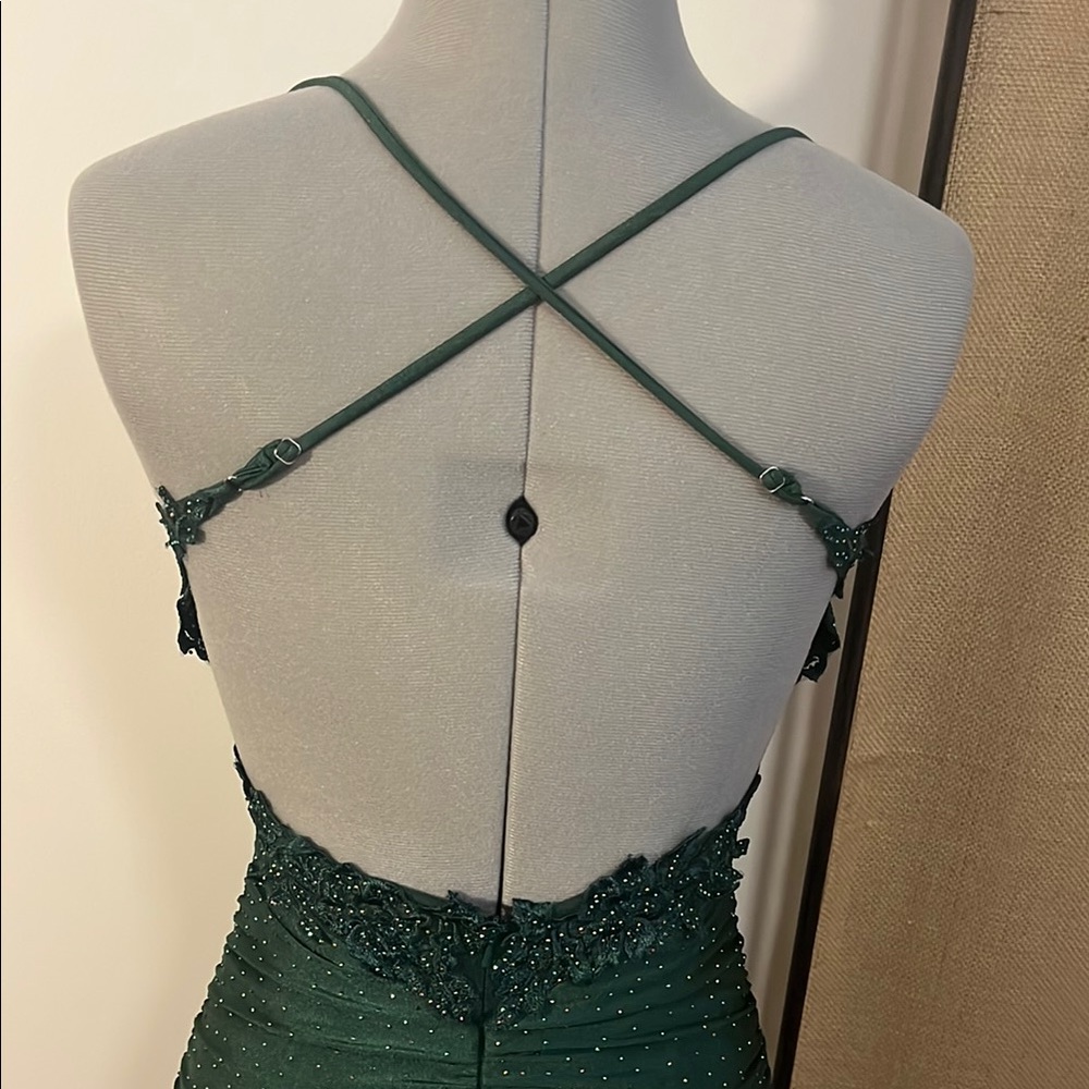 Green Embellished Spaghetti Strap Prom Gown - Picture 4 of 14